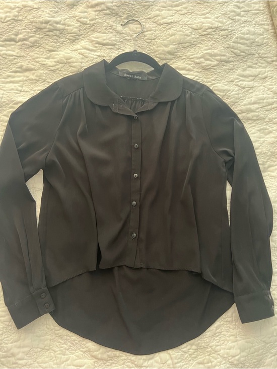 Sweet Rain Tops - Sweet Rain Black Button-Front Long Sleeve Blouse with Peter Pan Collar